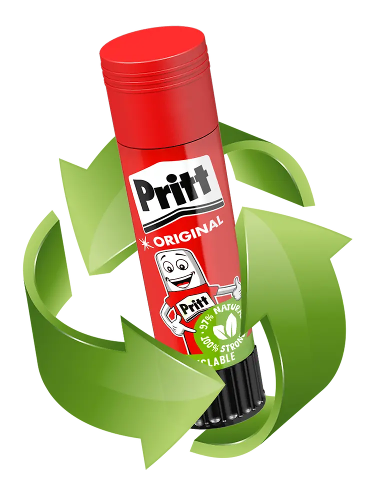 Die neuen Pritt Klebestifte bestehen bis zu 65 Prozent aus postindustriell recycelten Materialien 