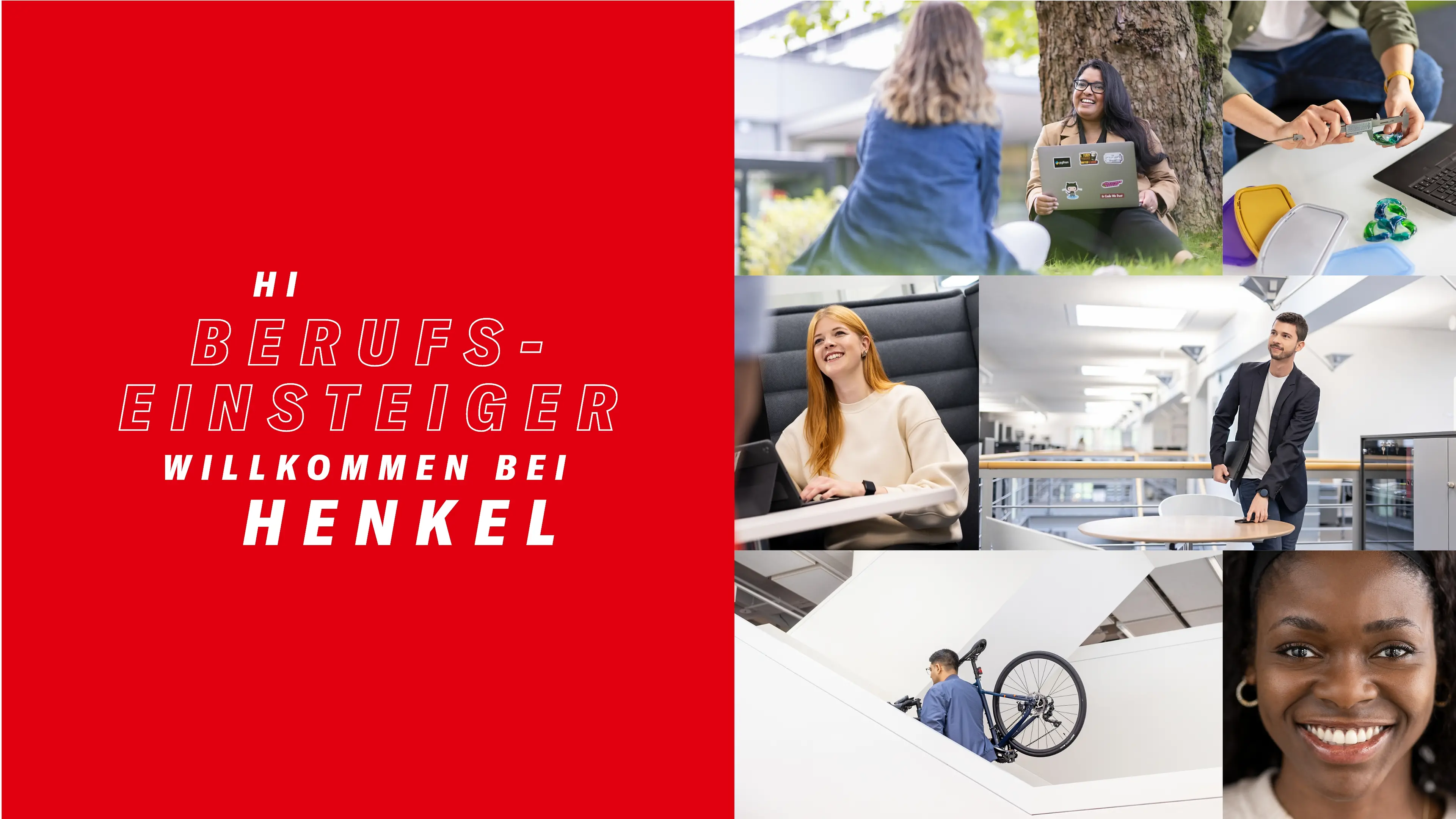 Verschiedene Henkel-Mitarbeiter werden in Aktion und in unterschiedlichen Arbeitsumgebungen porträtiert. 