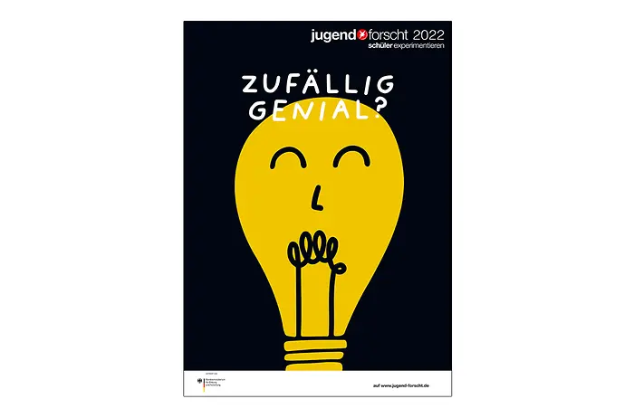 Jugend forscht-Plakat, das eine gelbe Glühbirne vor schwarzem Hintergrund und der Aufschrift „Zufällig genial?“ zeigt.