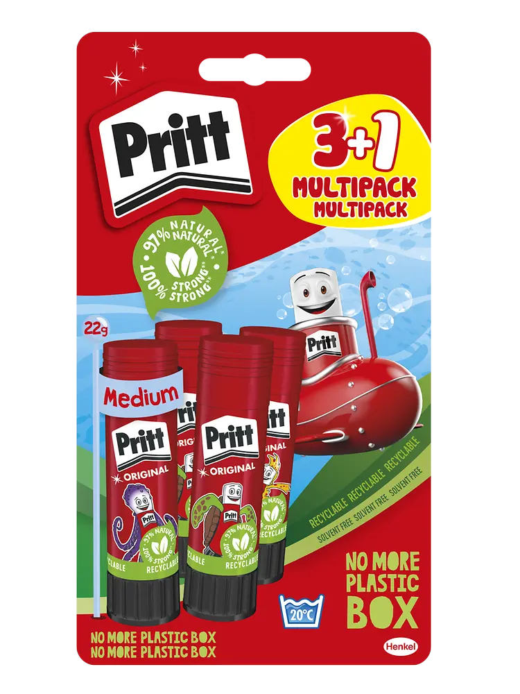 
Als erster Klebstoffhersteller weltweit bringt Henkel kunststofffreie Umverpackungen auf den Markt und startet im Frühsommer 2022 mit dem Pritt Klebestift.