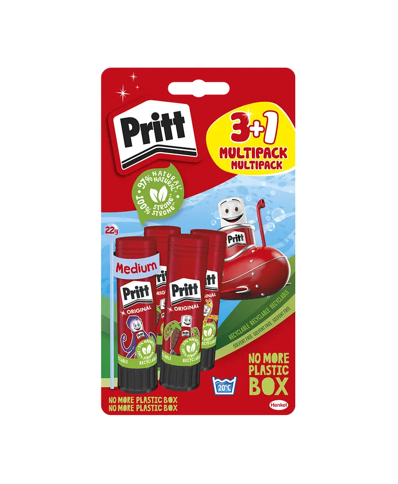 
Als erster Klebstoffhersteller weltweit bringt Henkel kunststofffreie Umverpackungen auf den Markt und startet im Frühsommer 2022 mit dem Pritt Klebestift.