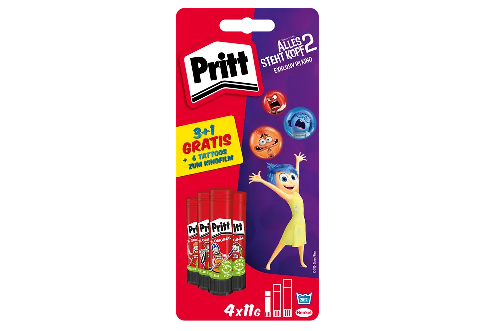 
In Kooperation mit Disney bietet Pritt zum Kinostart von ‚Alles steht Kopf 2‘ verschiedene Vorteilspacks seiner 11g und 22g Stifte mit je einem Gratis-Stift, in denen jeweils auch sechs exklusive Tattoos enthalten sind.