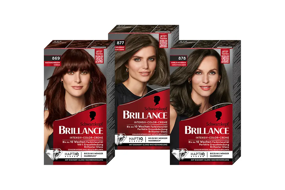 Brillance Intensiv-Color-Creme 869 Kastanienbraun, 877 Asch-Hellbraun und 878 Dunkles Aschbraun