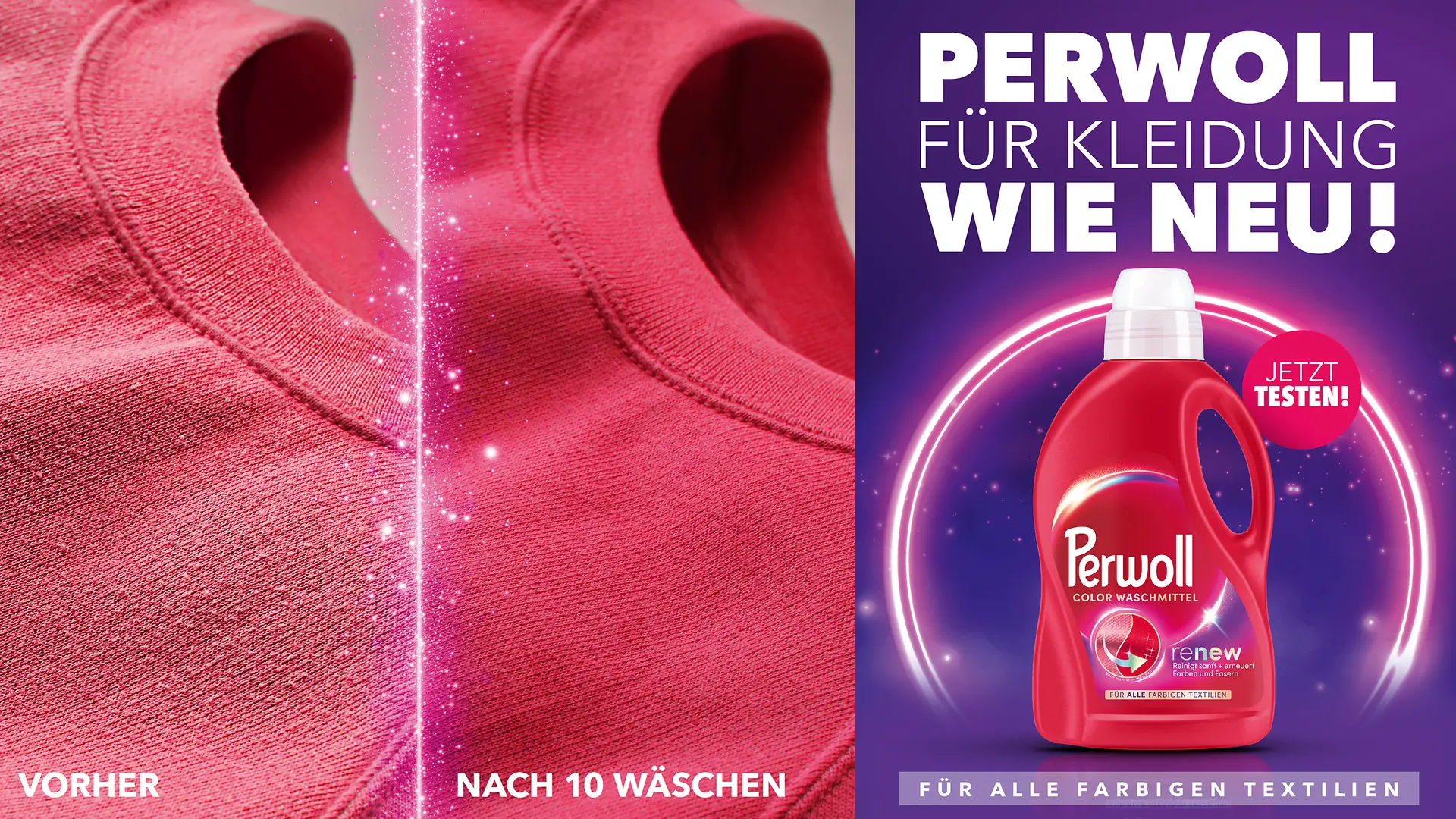 Ein Vor- und Nachher-Bild eines roten Sweatshirts, das mit Perwoll gewaschen wurde.