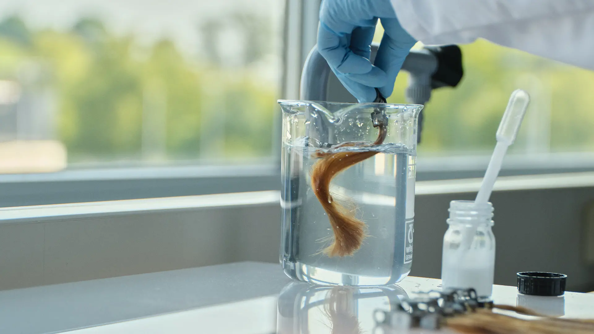 In einem Haar-Labor taucht eine Hand, bekleidet mit Laborhandschuhen, eine Haarsträhne in eine durchsichtige Flüssigkeit.