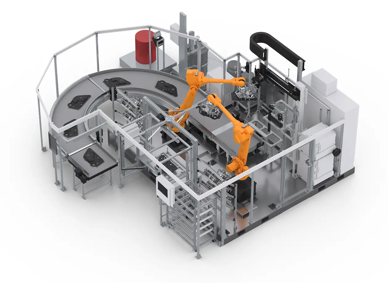 
Anlagenkonfiguration mit Sonderhoff Misch- und Dosiermaschine DM 502 mit zwei 6-Achsrobotern für das Teile-Handling, einer Plasmastation und einem Förderband für das Austakten