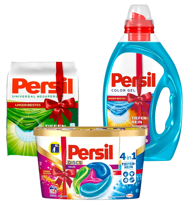 Das „Unser Bestes“-Sortiment inklusive Persil Gel, Persil Megaperls und Persil Discs